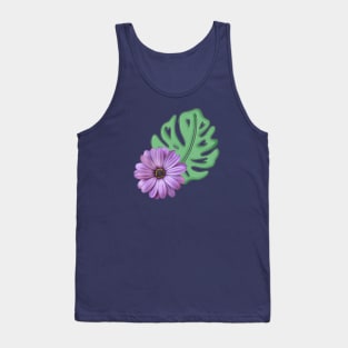 Monstera Leaf and Purple Daisy - Swiss Cheese Leaf Tank Top